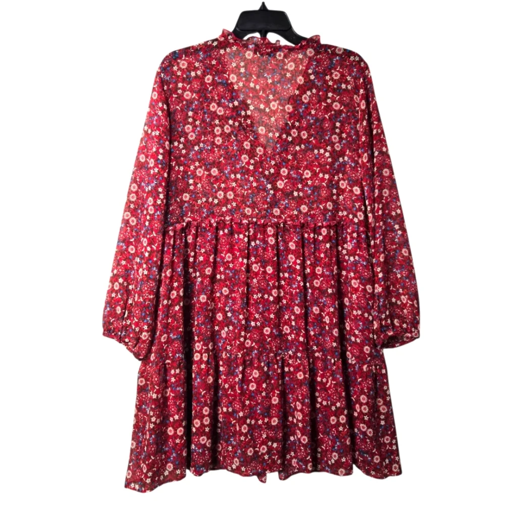 Zara Red Floral V-Neck Long Sleeve Semi Sheer Tiered Mini Babydoll Dress XL - Picture 5 of 16